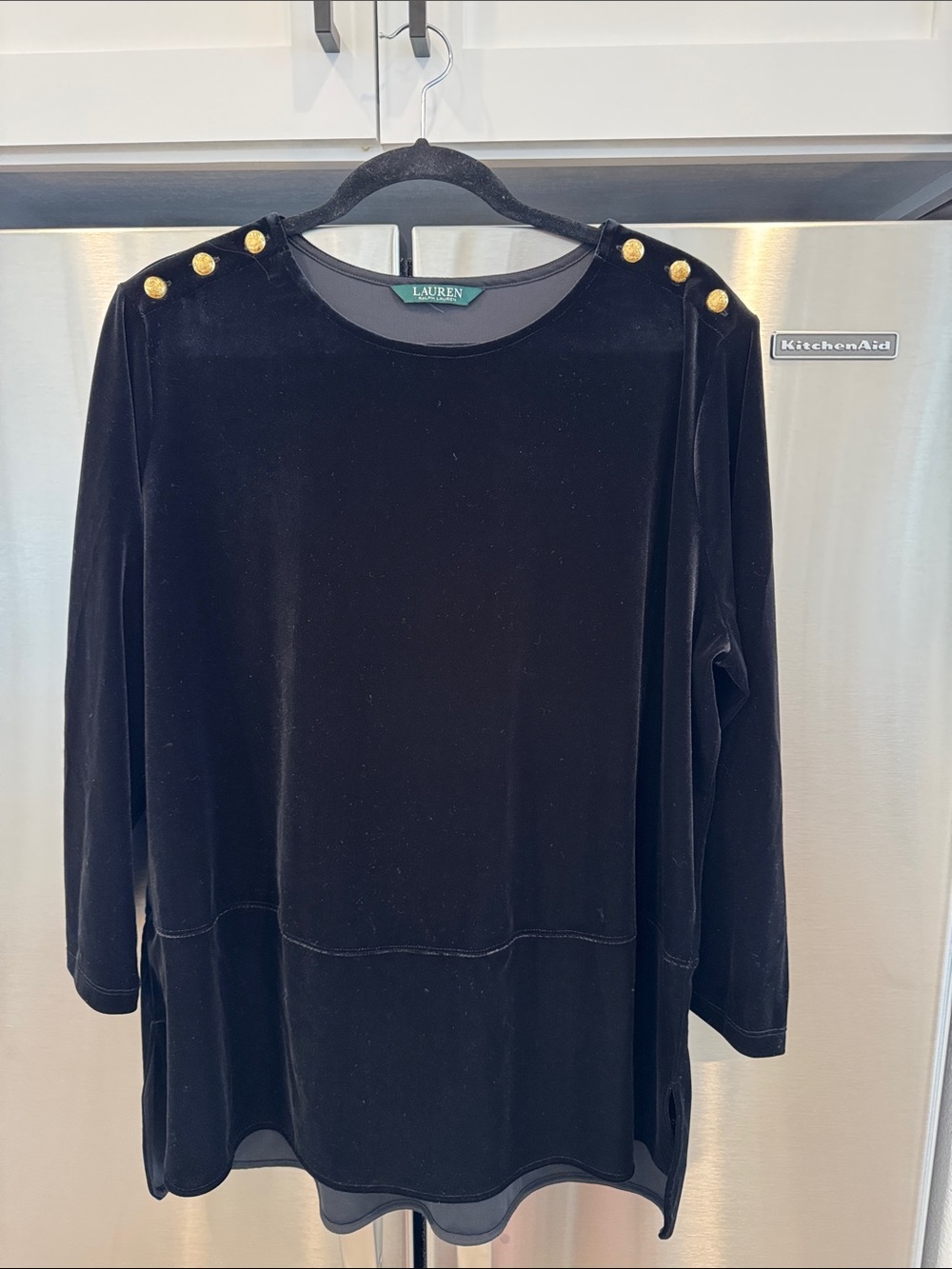 Lauren Ralph Lauren Black Velvet Long-Sleeve Top with Gold Shoulder Buttons